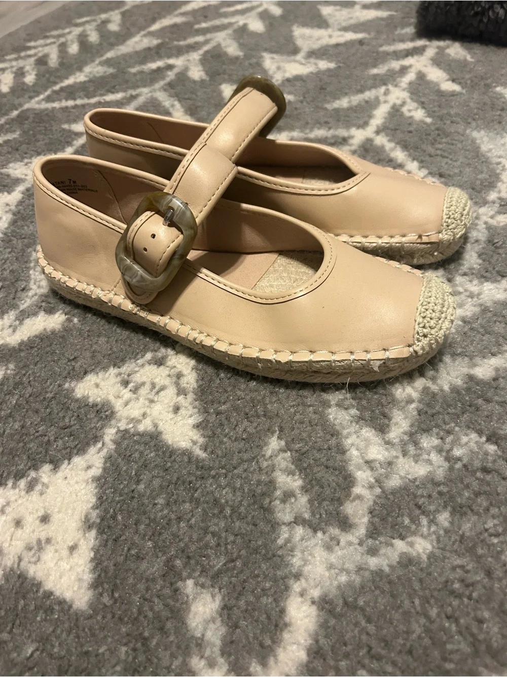 Beige Mary Jane Espadrille Flats with Decorative Buckle